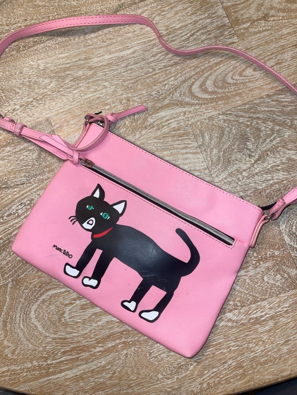 Marc Tetro Pink & Black Cat Vinyl Crossbody Bag Kitty Purse 11 x 8"